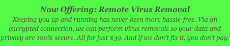 Now Offering: Remote Virus Removal
Keeping you up and running has never been more hassle-free. Via an encrypted connection, we can perform virus removals so your data and privacy are 100% secure. All for just $39. And if we don’t fix it, you don’t pay.